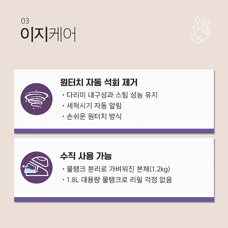 03 이지 케어 - 원터치 자동 석회 제거(다리미 내구성과 스팀 성능 유지 / 세척시기 자동 알림 / 손쉬운 원터치 방식), 수직 사용 가능(물탱크 분리로 가벼워진 본체(1.2kg) / 1.8리터 대용량 물탱크로 리필 걱정 없음)