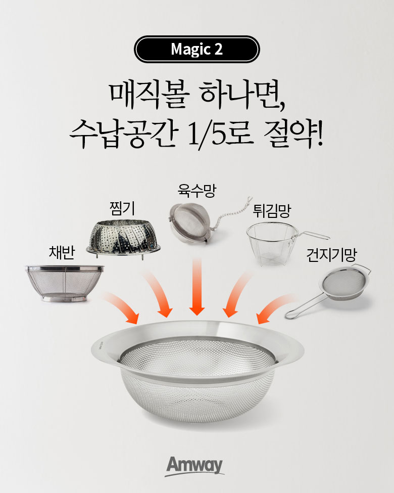 magic 2 매직볼 하나면, 수납공간 1/5로 절약! 채반 찜기 육수망 튀김망 건지기망 Amway