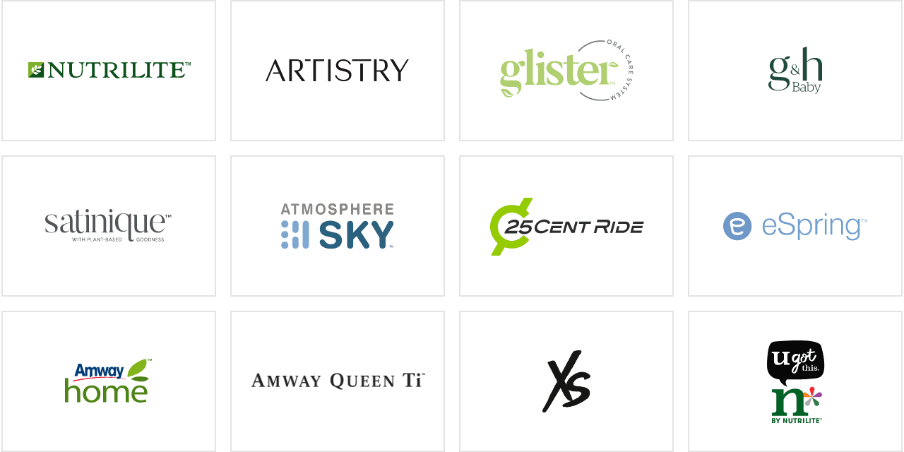 뉴트리라이트, 아티스트리, 글리스터, gnh, 새티니크, 엣모스피어, 25센트라이드, 이스프링, 암웨이홈, 암웨이퀸, XS, n by Nutrilite 로고