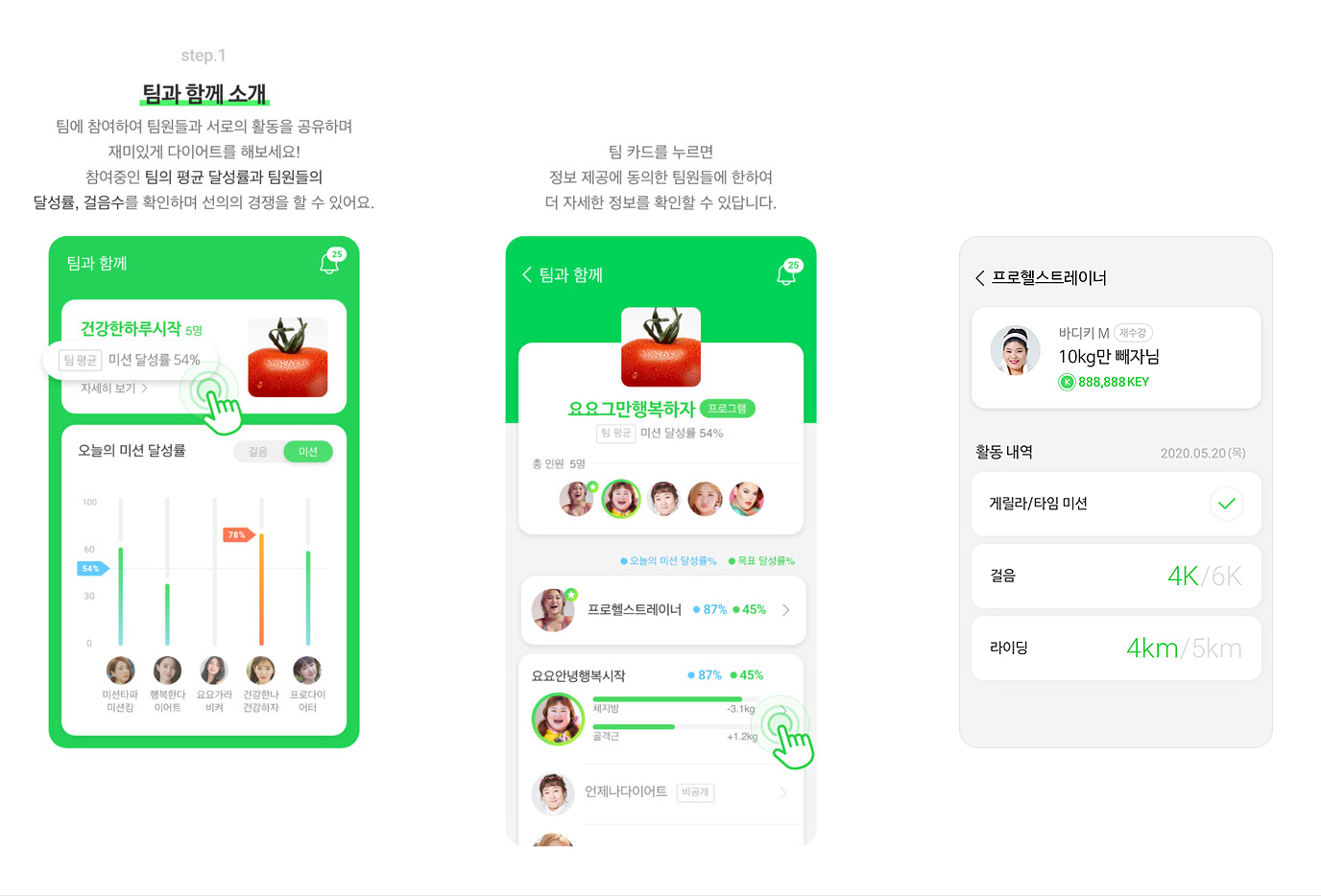 step 1 팀과 함께 소개 - 팀에 참여하여 팀원들과 서로의 활동을 공유하며 재미있게 다이어트를 해보세요! 
            참여중인 팀의 평균 달성률과 팀원들의 달성률, 걸음수를 확인하며 선의의 경쟁을 할 수 있어요. 
            팀 카드를 누르면 정보 제공에 동의한 팀원들에 한하여 더 자세한 정보를 확인할 수 있답니다.