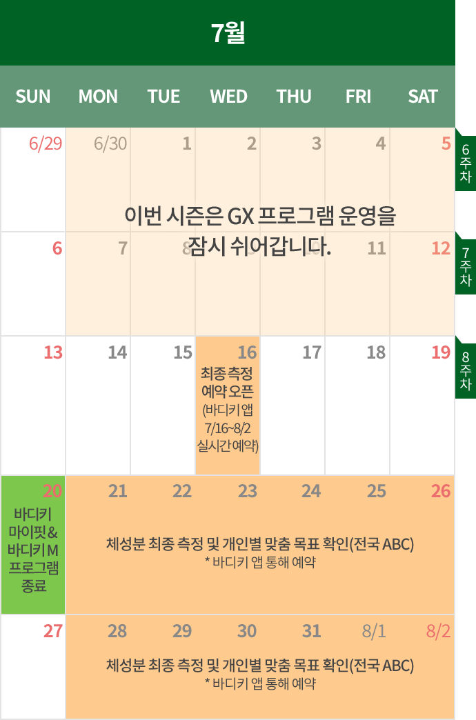 7월 바디키 마이핏 & 바디키 M 프로그램 상세일정
