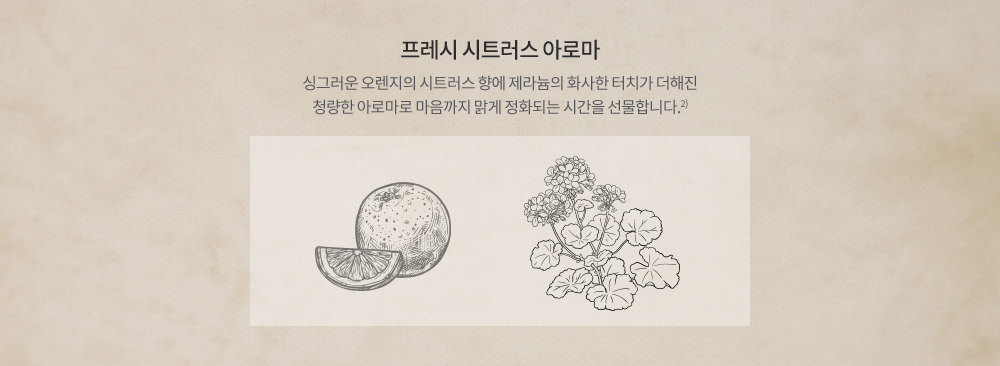 프레시 시트러스 아로마 - 싱그러운 오렌지의 시트러스 향에 제라늄의 화사한 터치가 더해진 청량한 아로마로 마음까지 맑게 정화되는 시간을 선물합니다.2)