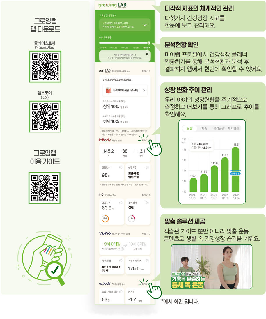 그로잉랩 앱 다운로드[플레이스토어(안드로이드) QR 이미지, 앱스토어(IOS) QR 이미지], 그로잉랩 이용 가이드 QR 이미지 / 다각적 지표의 체계적인 관리, 분석현황 확인, 성장 변화 추이 관리, 맞춤 솔루션 제공