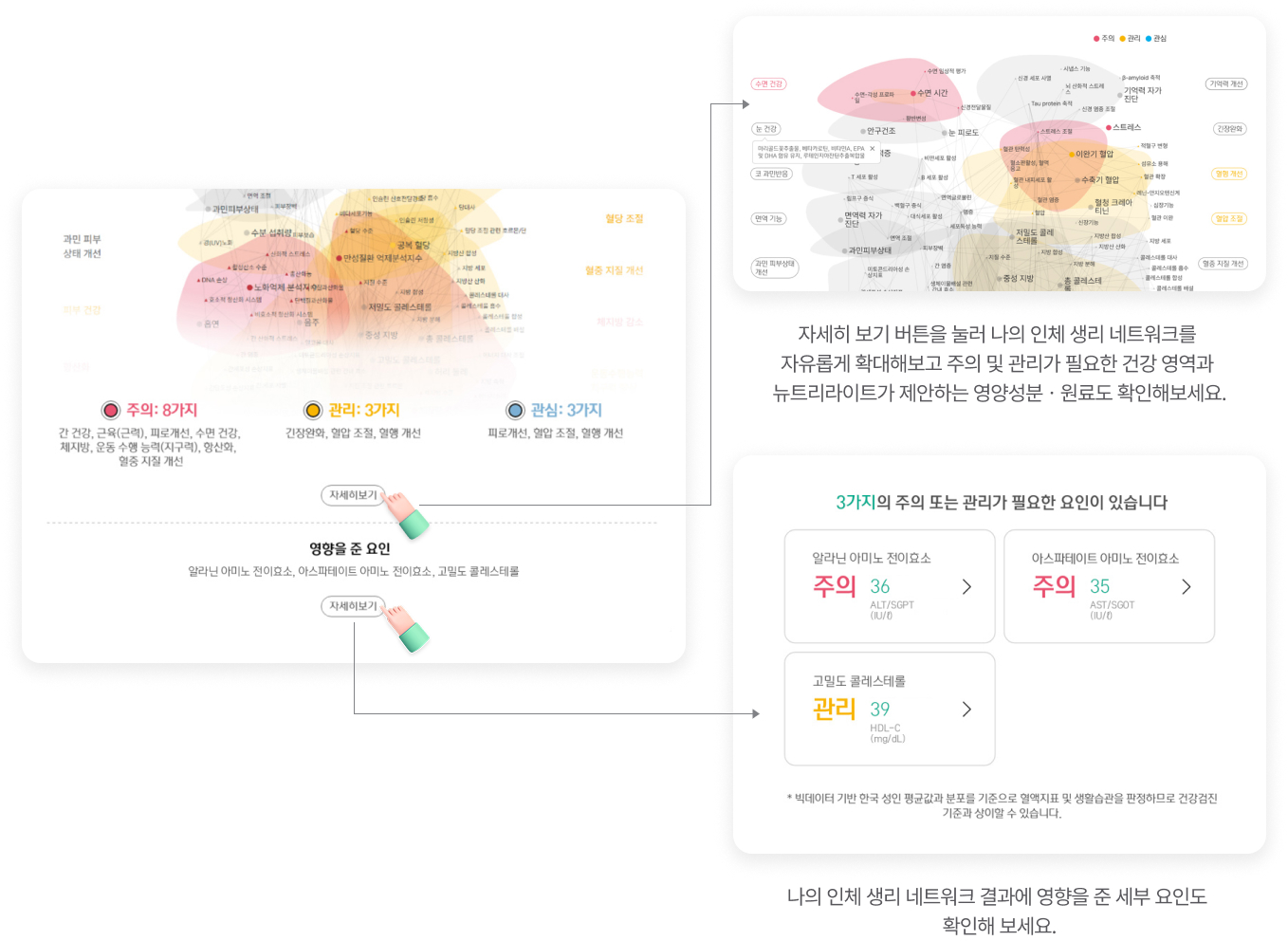 자세히 보기 버튼을 눌러 나의 인체 생리 네트워크를 자유롭게 확대해보고 주의 및 관리가 필요한 건강 영역과 뉴트리라이트가 제안하는 영양성분ㆍ원료도 확인해보세요. 나의 인체 생리 네트워크 결과에 영향을 준 세부 요인도 확인해 보세요.