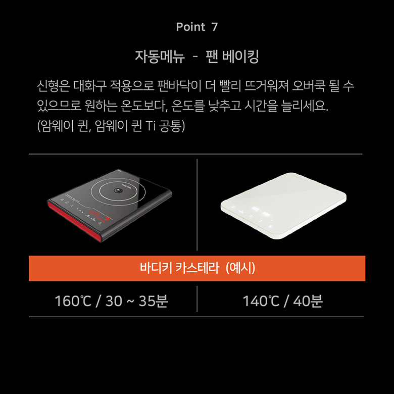 Point 7 자동메뉴 - 팬 베이킹 신형은 대화구 적용으로 팬바닥이 더 빨리 뜨거워져 오버쿡 될 수 있으므로 원하는 온도보다, 온도를 낮추고 시간을 늘리세요.