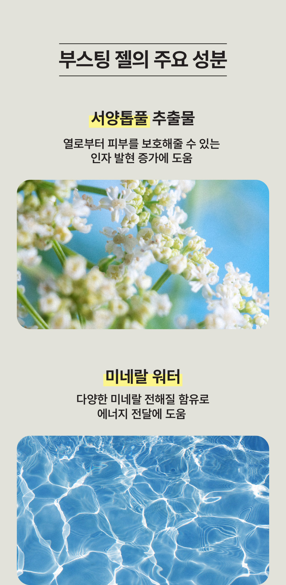 부스팅 젤의 주요 성분 [서양톱풀 추출물, 미네랄 워터]