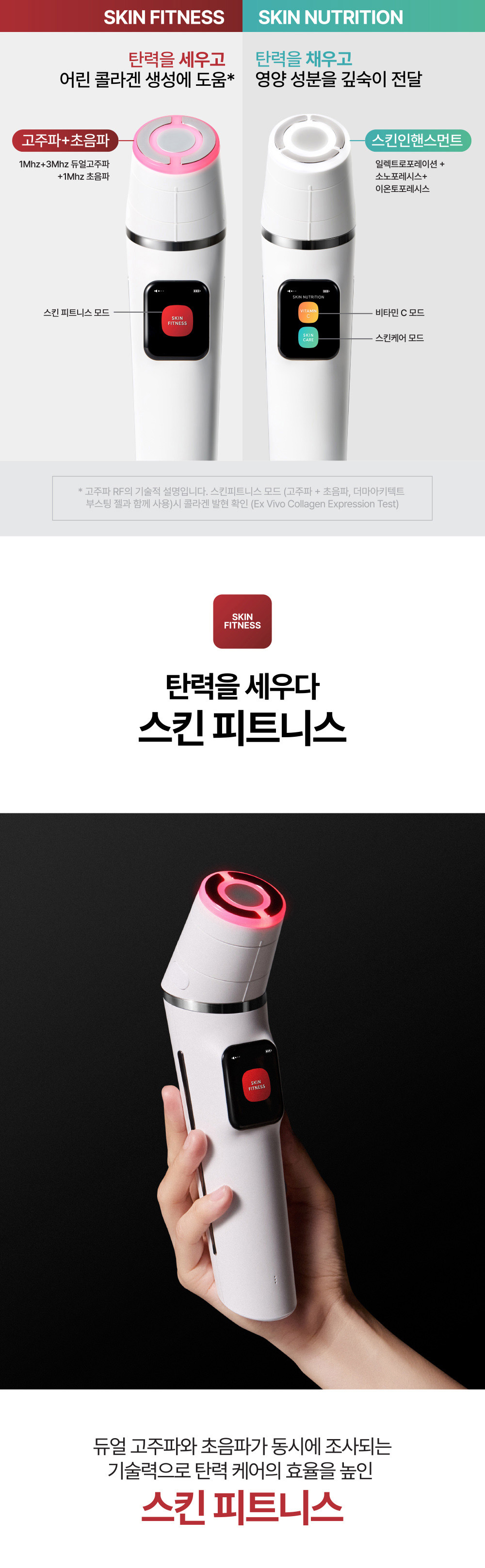 SKIN FITNESS 탄력을 세우고 어린 콜라겐 생성에 도움 / SKIN NUTRITION 탄력을 채우고 영양 성분을 깊숙이 전달 / 탄력을 세우다 스킨 피트니스 듀얼 고주파와 초음파가 동시에 조사되는 기술력으로 탄력 케어의 효율을 높인 스킨 피트니스
