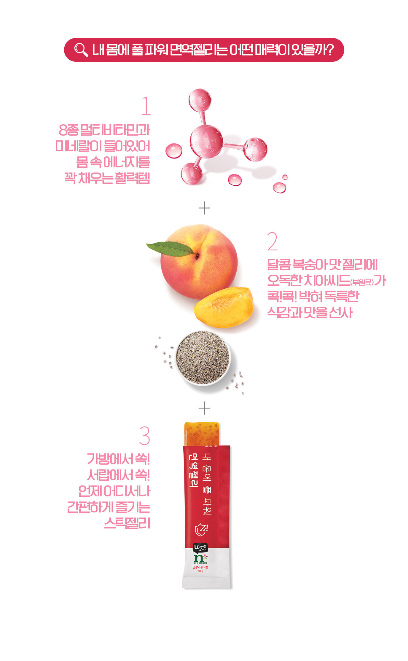 내 몸에 풀 파워 면역젤리는 어떤 매력이 있을까?
1. 8종 멀티비타민과 미네랄이 들어있어 몸 속 에너지를 꽉 채우는 활력템
2. 달콤 복숭아 맛 젤리에 오독한 치아씨드가 콕!콕! 박혀 독특한 식감과 맛을 선사
3. 가방에서 쏙! 서랍에서 쏙! 언제 어디서나 간편하게 즐기는 스틱젤리