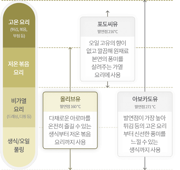 고온 요리, 저온 볶음 요리, 비가열 요리, 생식/오일 풀링 표현이미지