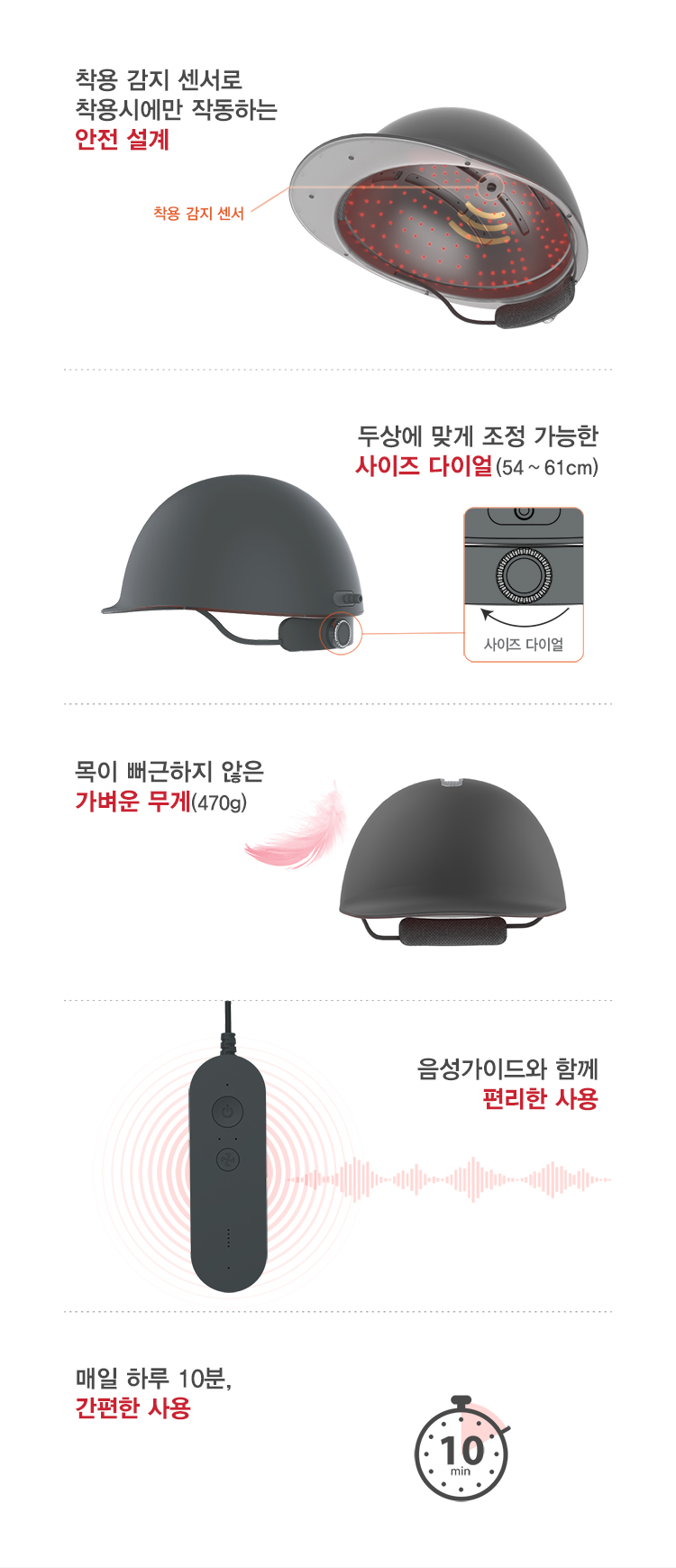 착용 감지 센서로 착용시에만 작동하는 안전 설계, 두상에 맞게 조정 가능한 사이즈 다이얼(54 ~ 61cm), 목이 뻐근하지 않은 가벼운 무게 (470g), 음성 가이드와 함께 편리한 사용, 매일 하루 10분, 간편한 사용